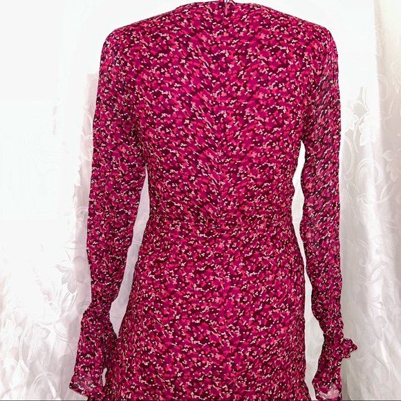 Fletch Feminine Fuchsia Pink Printed Paint Flowy Viscose V-Neck Summer Dress - Picture 6 of 10